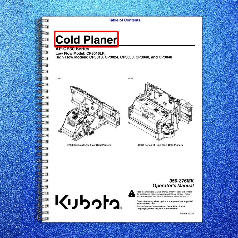 LAND PRIDE CP30 Series Cold Planers Operators Manual – WIRE BOUND – TOUGH COVERS