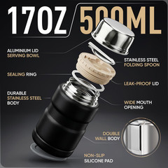 Stainless Steel Thermo for Hot 17OZ with Folding Spoon, Vacuum Insulated Conta