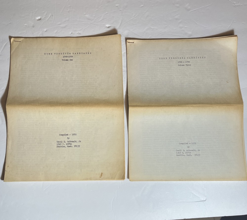 SOME VIRGINIA MARRIAGES Genealogy Records 1700-1799 Pioneer Colonists Book pages