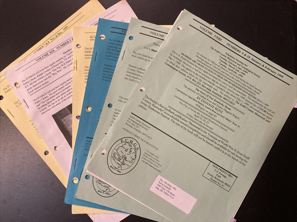 Estill County Kentucky Genealogical Society 1999 Newsletter 6 Issues ECHGS