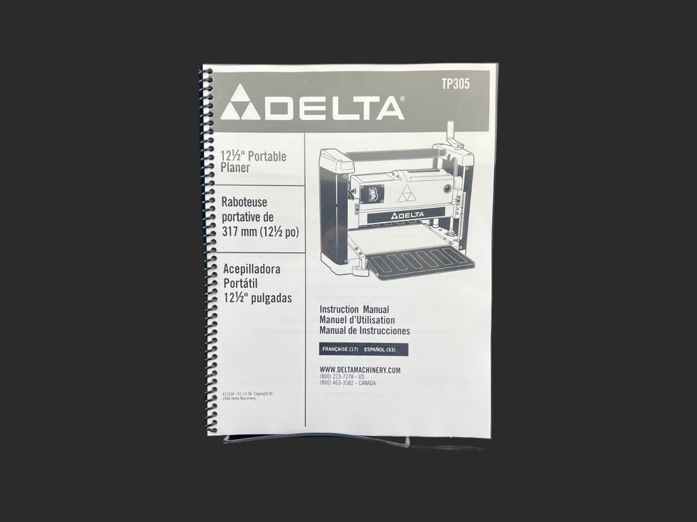 Delta TP305 Instruction Manual User Guide For 12″ Portable Planer Coil Bound