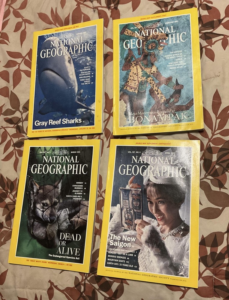 Vintage National Geographic Magazine Lot 4 Mags 1995 Jan Apr Gray Sharks Saigon