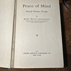 Peace of Mind Jewish Science Essays, Rabbi Morris Lichtensteein 1927 1st Ed.